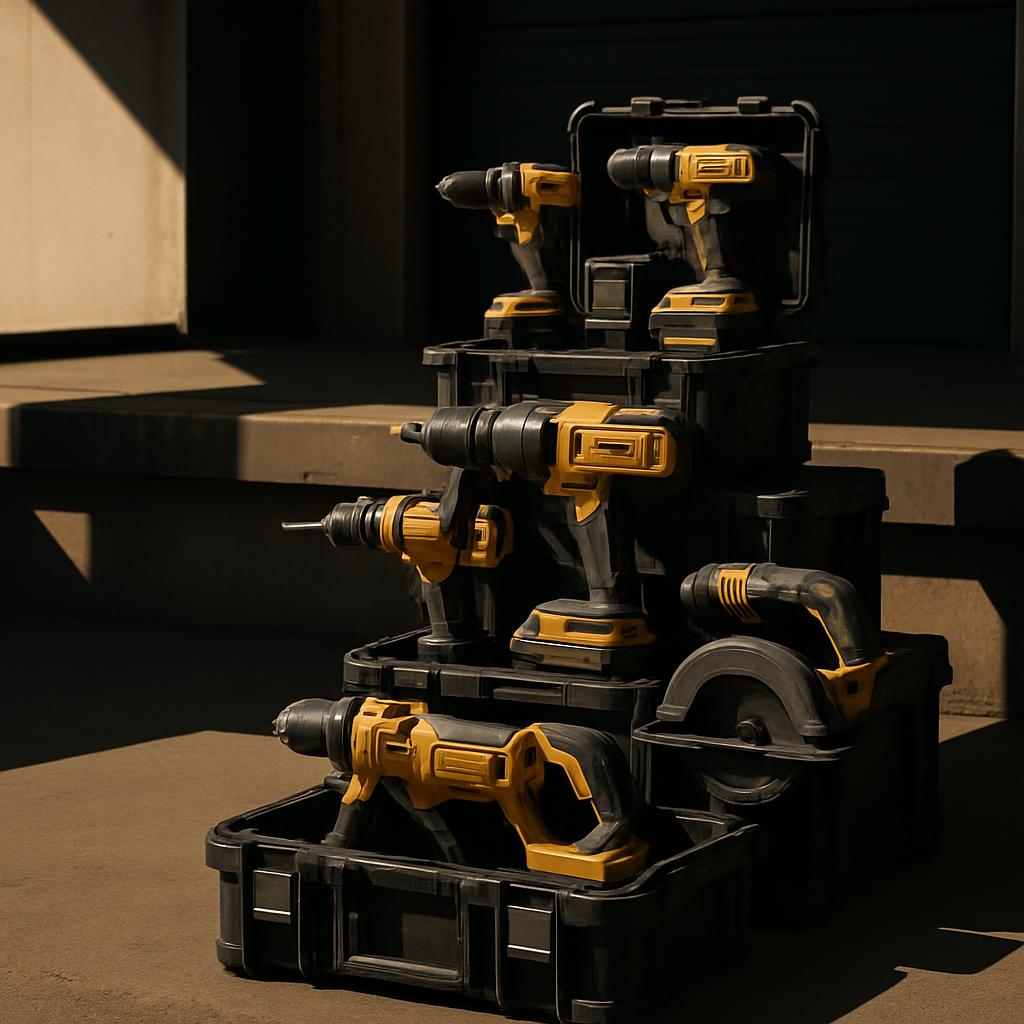 The image shows a collection of electric drills, highlighting their brand identity, making them identifiable as DeWalt too...