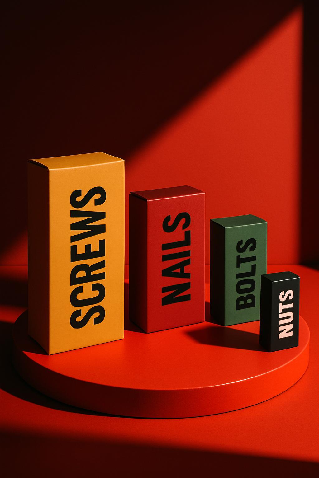 title four different types of hardware in columns in a row - 'screws', 'nails', 'bolts' and 'nuts' over a orange background.